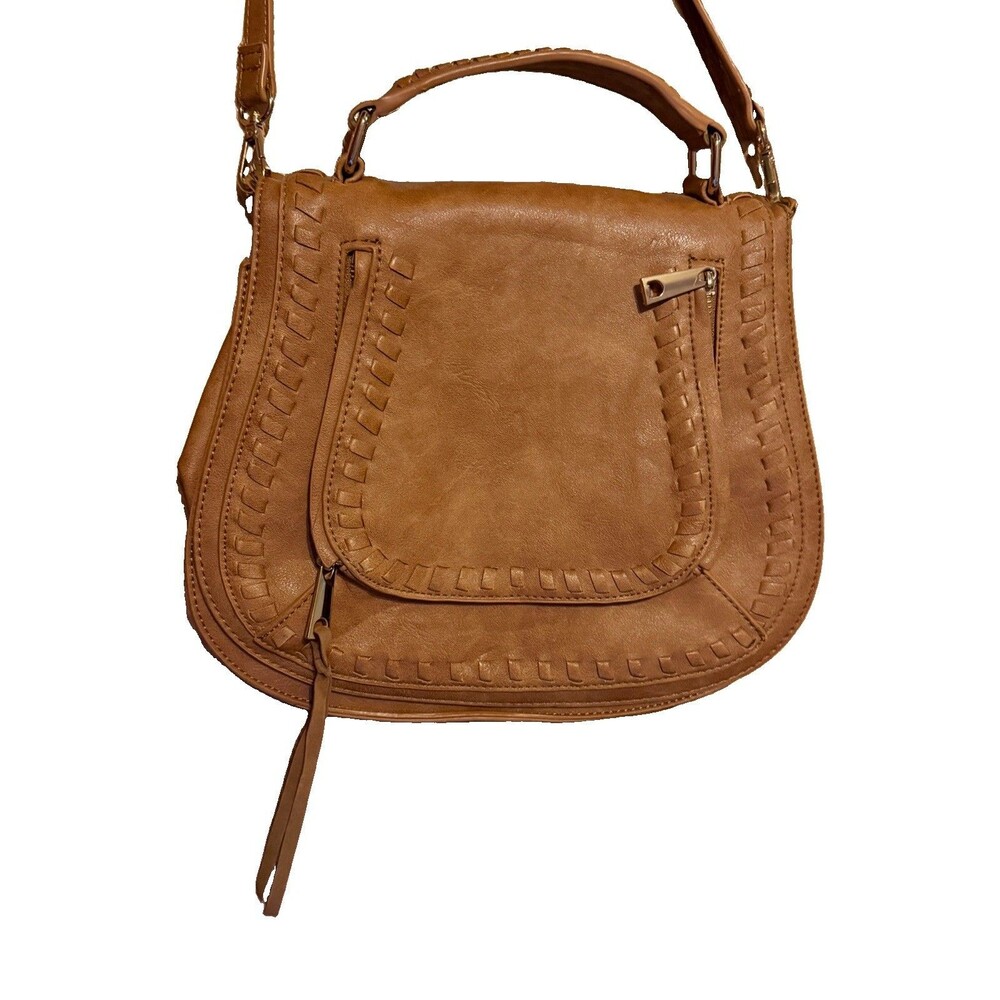 Urban Expressions Cognac Brown Satchel Crossbody Bag Whipstitch Top Handle